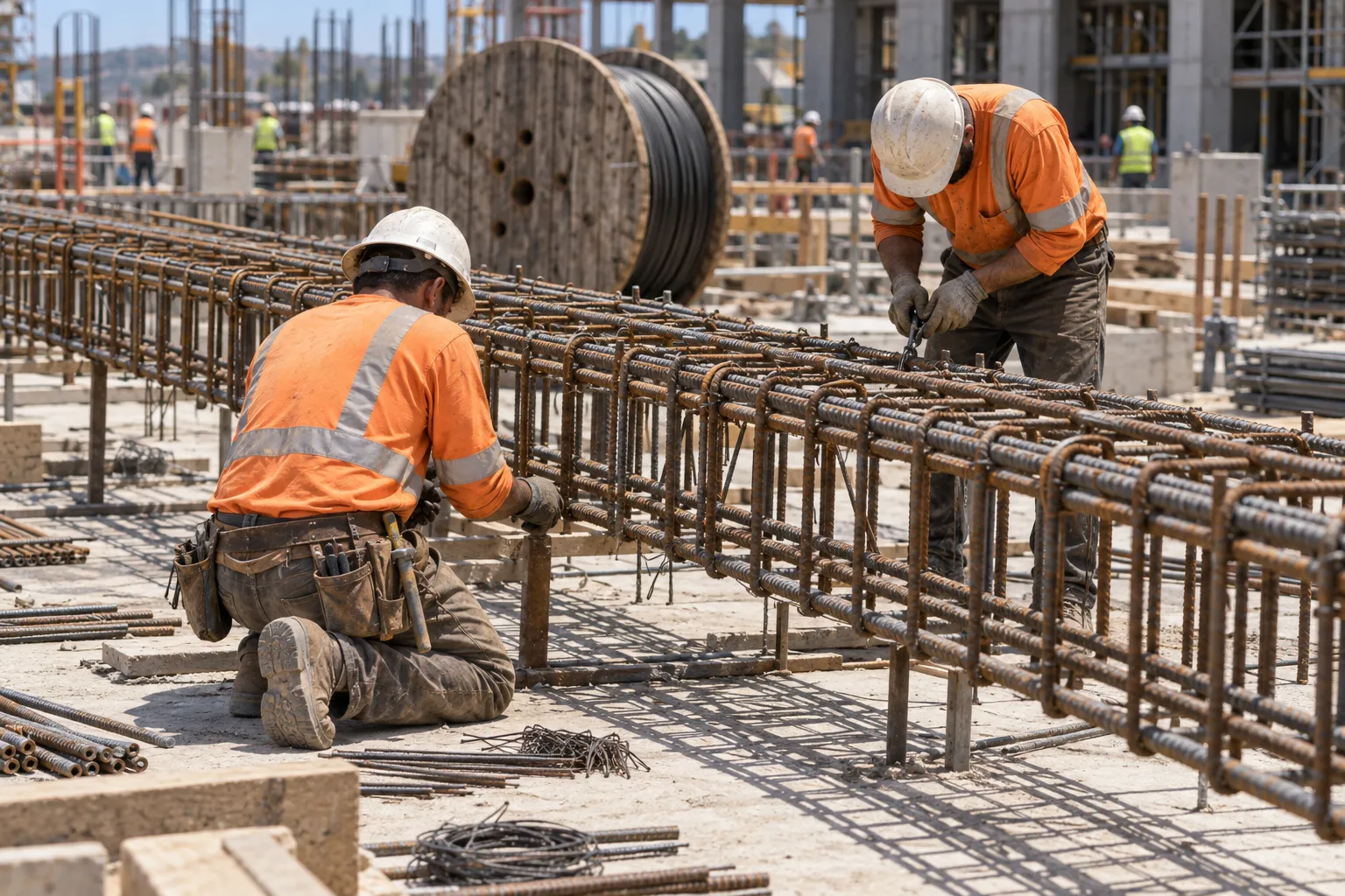 Two workers tying a reinforcing steel cage on a construction site